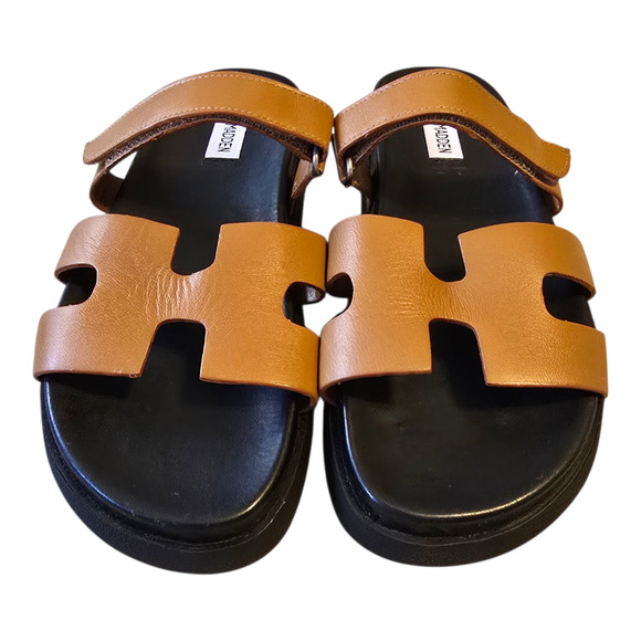 Steve Madden Mayven Leather Sandals Womens Size 8M Cognac Black Slide - Picture 2 of 11